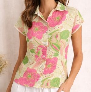 Richard Malcolm Floral Linen Button Down Top Pink Green Resort Medium